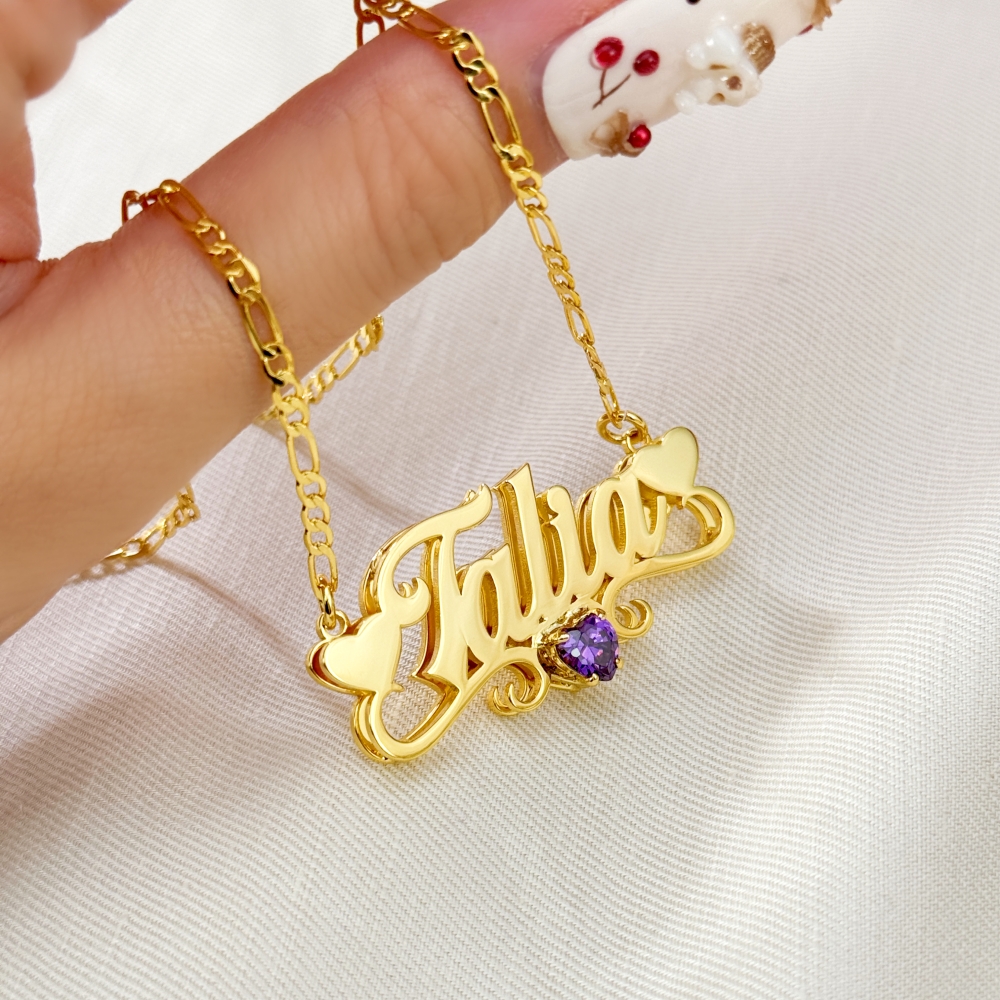 Custom Heart Birthstone Nameplate Necklace and Twist Hoop Earrings Set