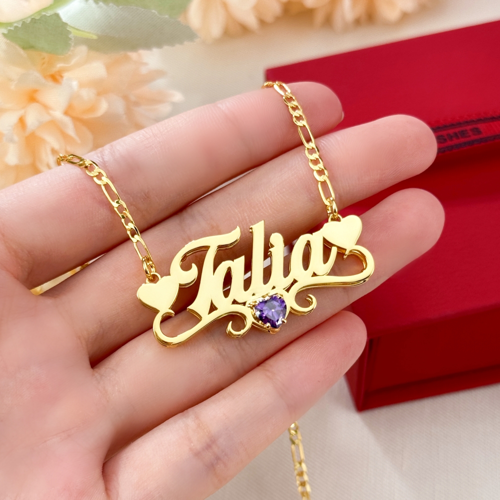 Personalized Three Hearts Birthstone Double Plate Name Necklace