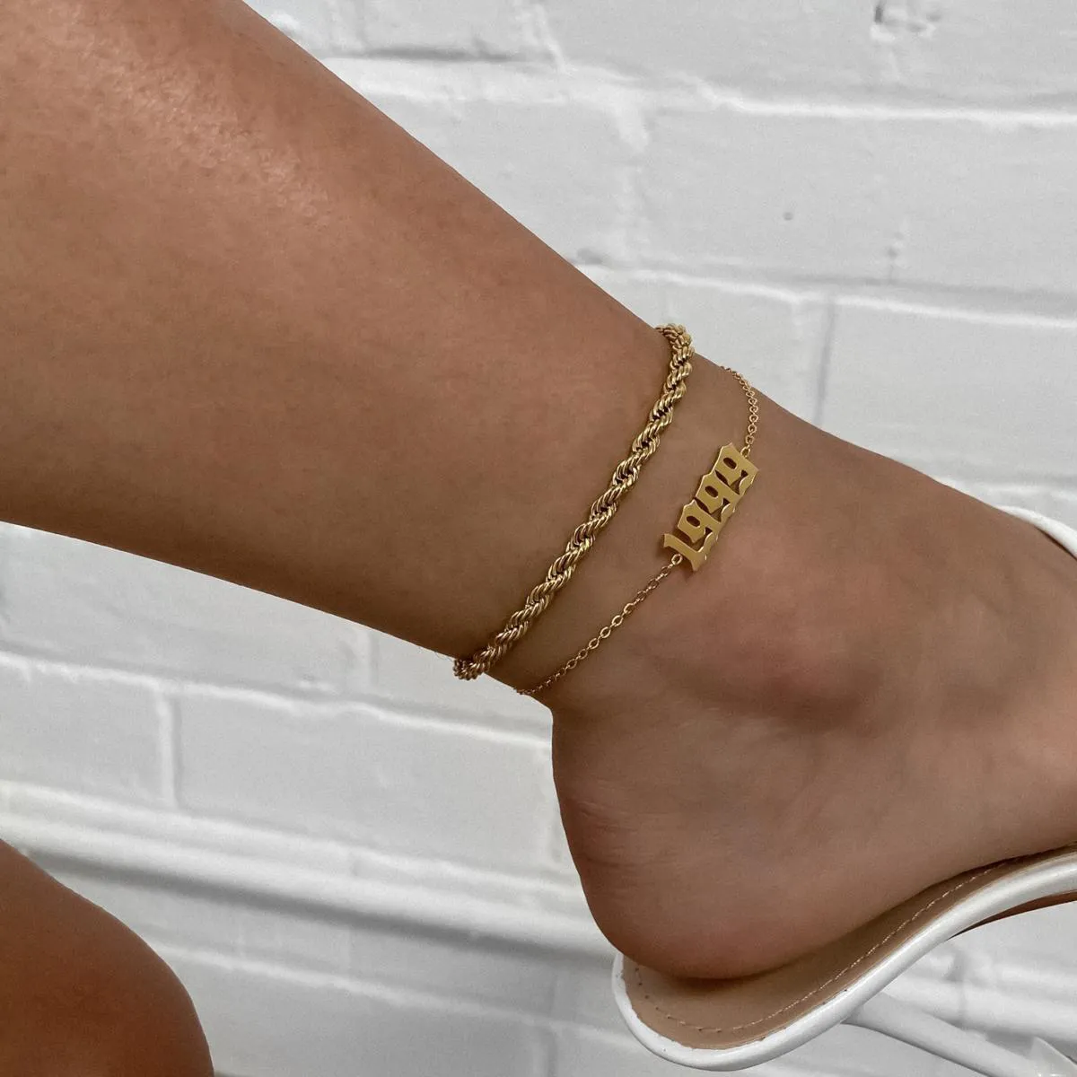 Gold Plated Layered Twist Chian Link Anklet And Custom Birth Year Anklet