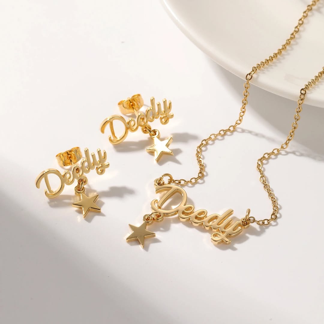 [Copy]Personalized Angel Wings Heart Birthstone Nameplate Necklace Stud Earrings Set