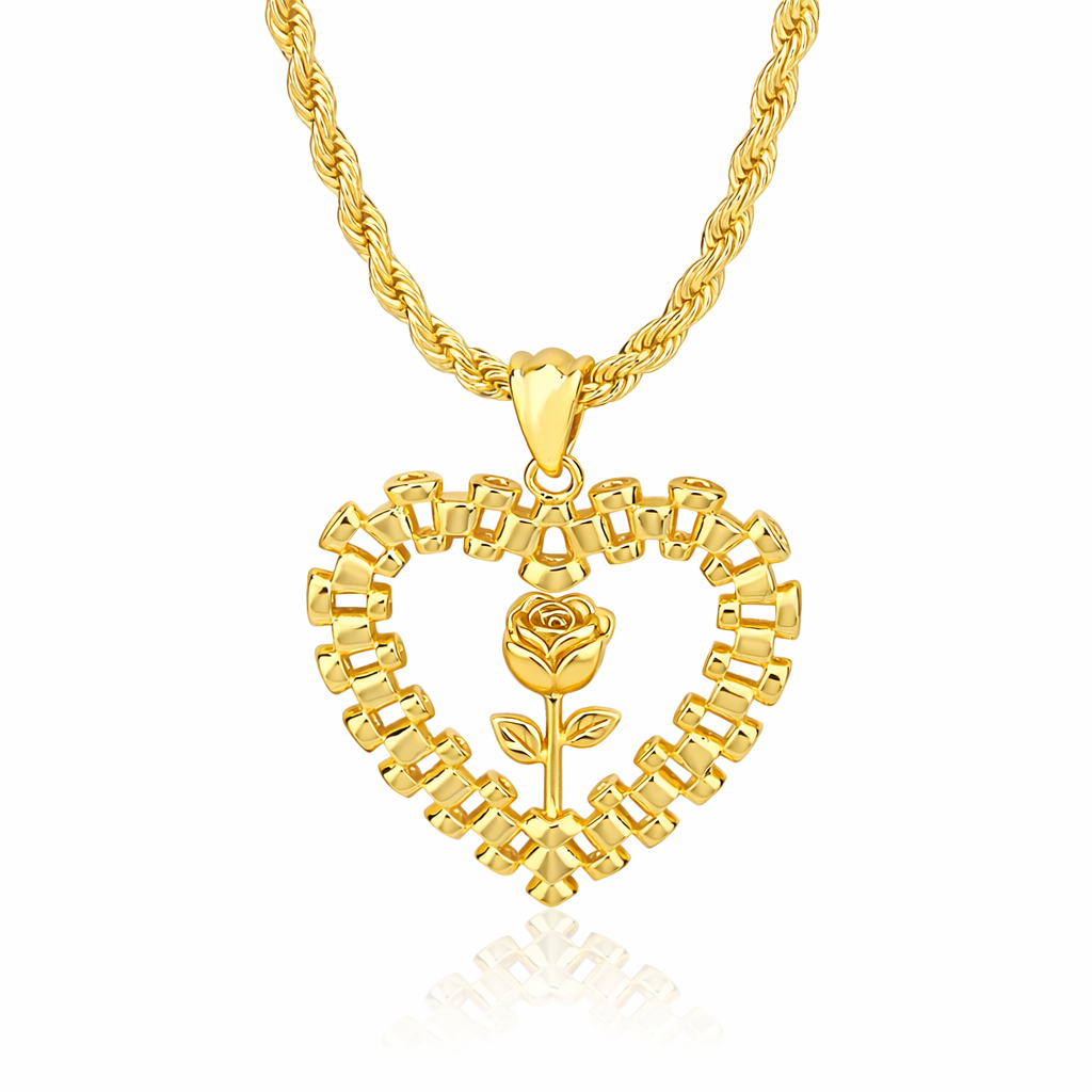 Rx Style Heart Rose Pendant Necklace Gold Plated