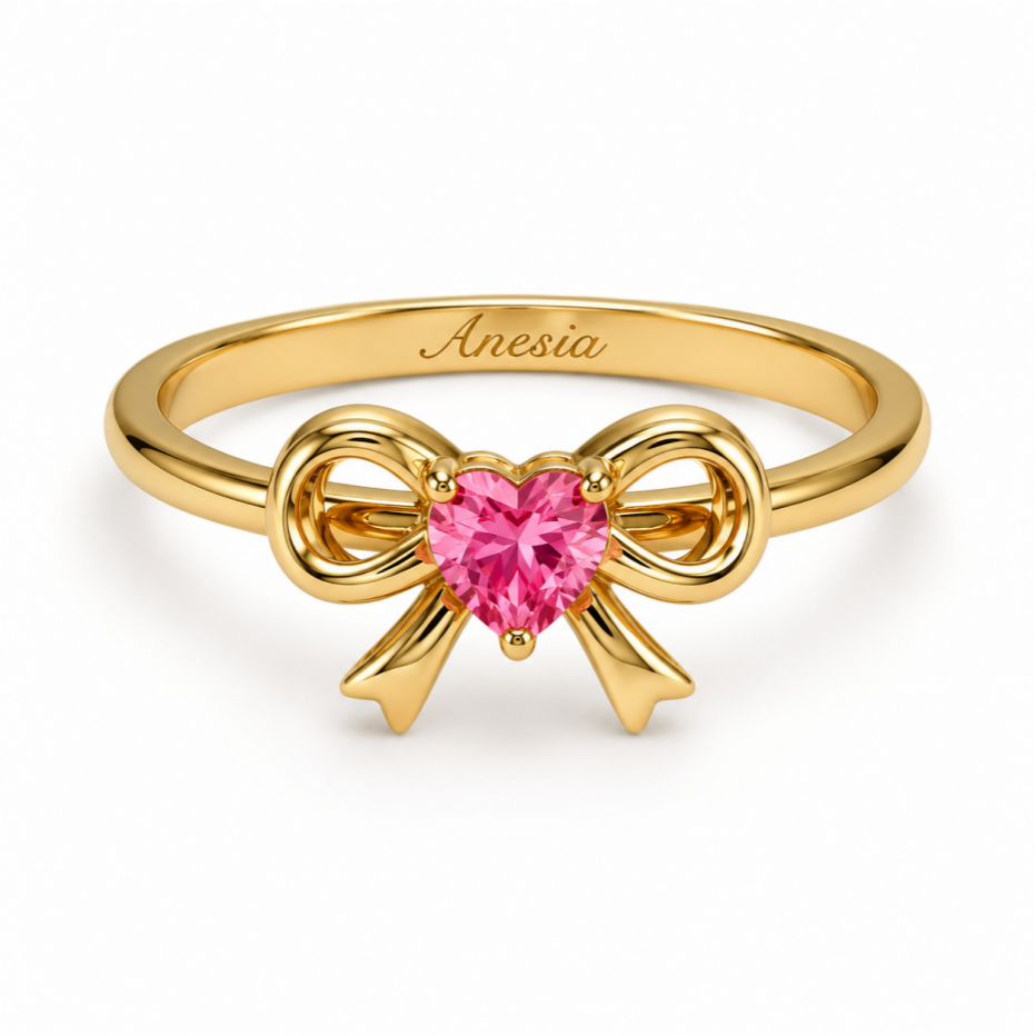 Personalized Heart Birthstone Ribbon Bowtie Engraved Name Ring