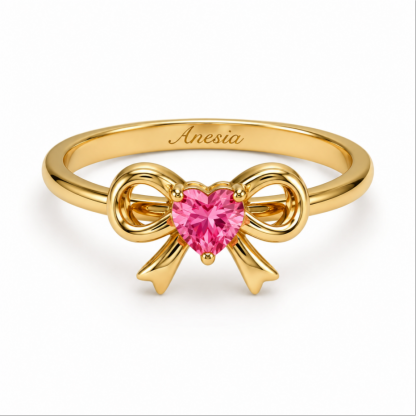 Personalized Heart Birthstone Ribbon Bowtie Engraved Name Ring