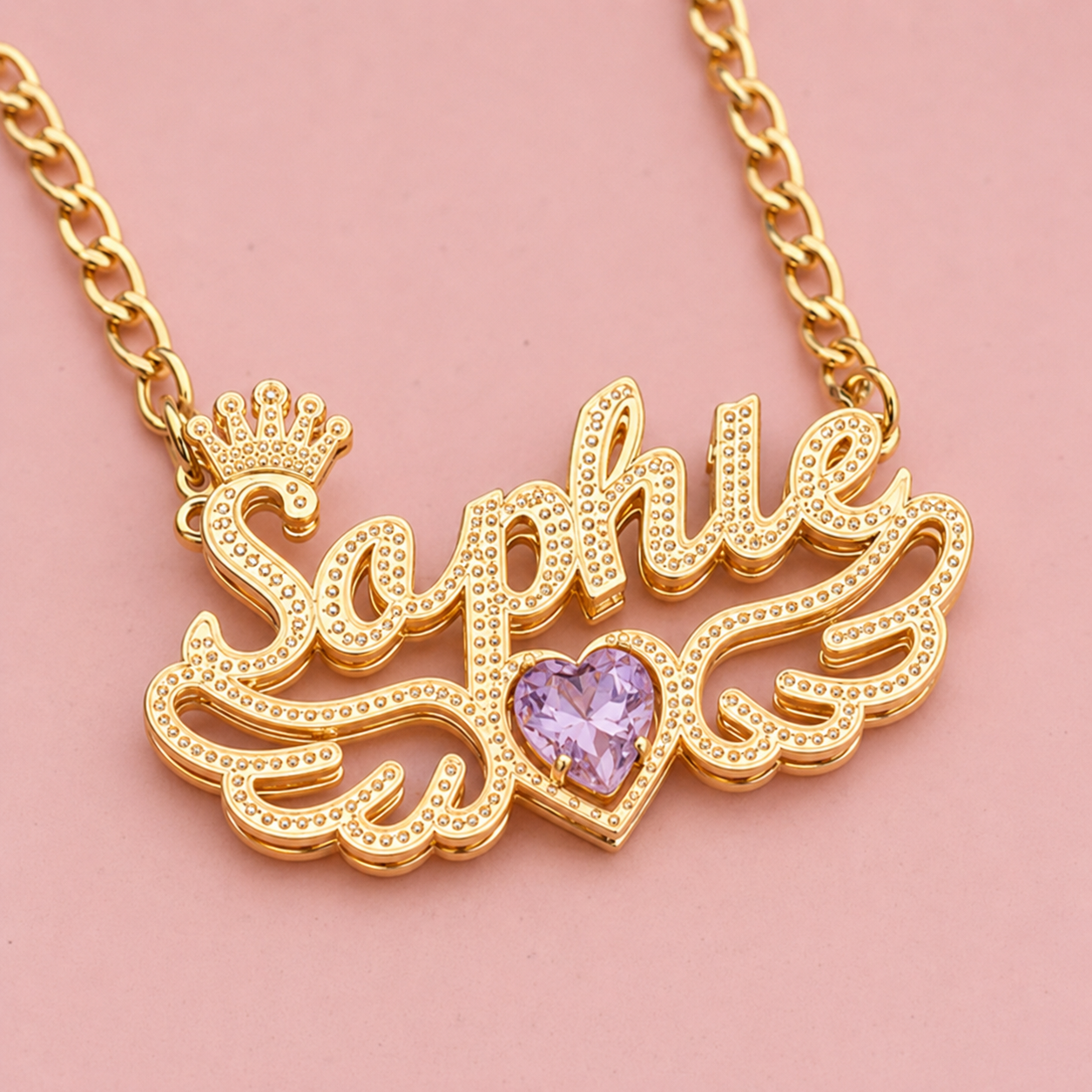 Double Layer Crwon and Heart Birthstone Angel Wings Custom Name Necklace