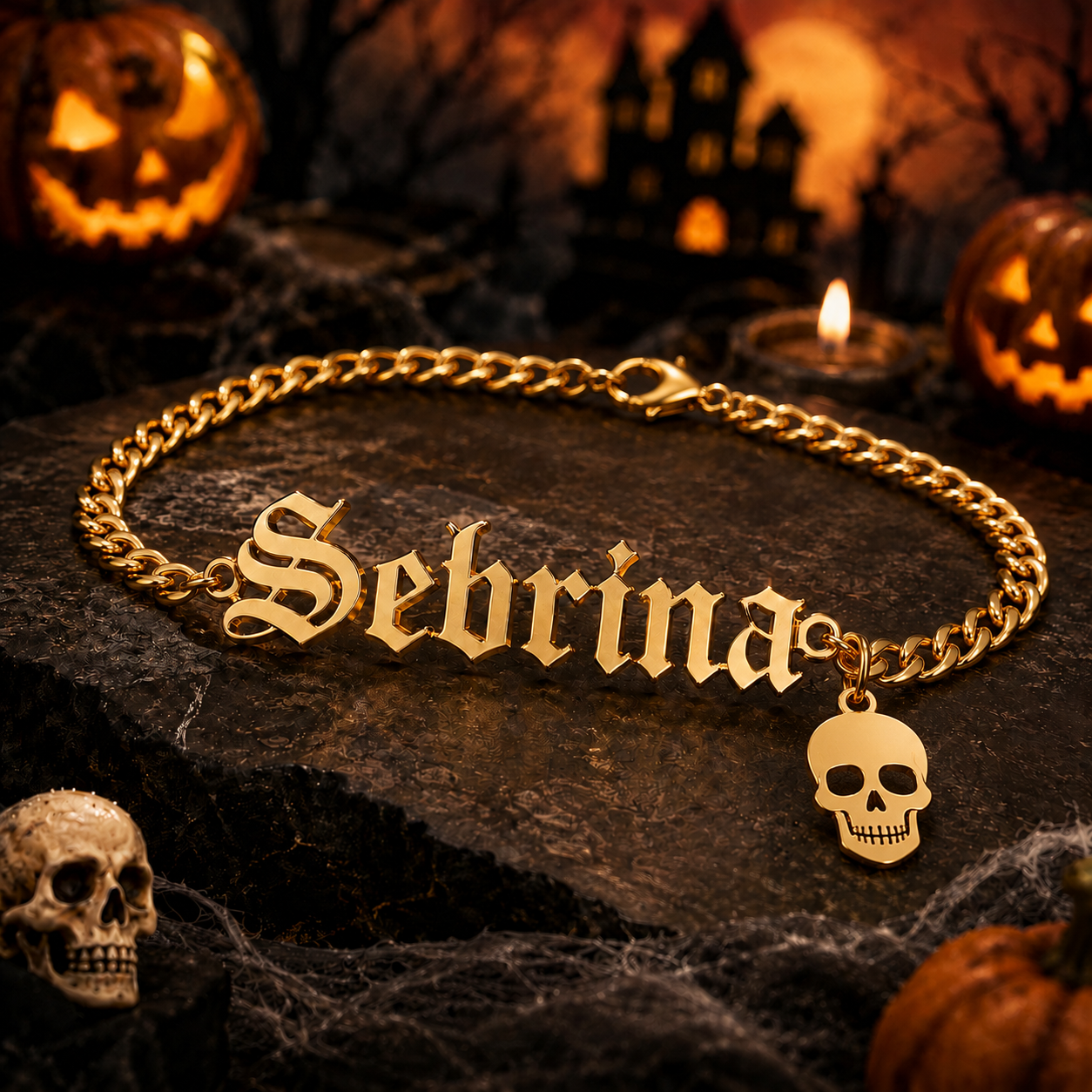 Custom Skull Pendant Halloween Old English Nameplate Bracelet