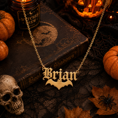 Halloween Gift Bat Old English Name Necklace Gold Plated