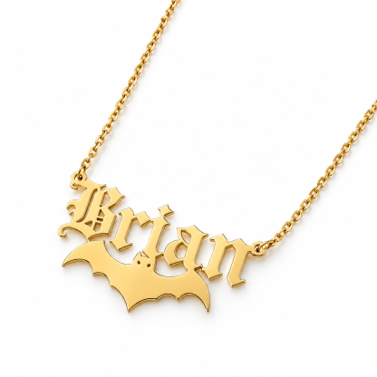 Halloween Gift Bat Old English Name Necklace Gold Plated