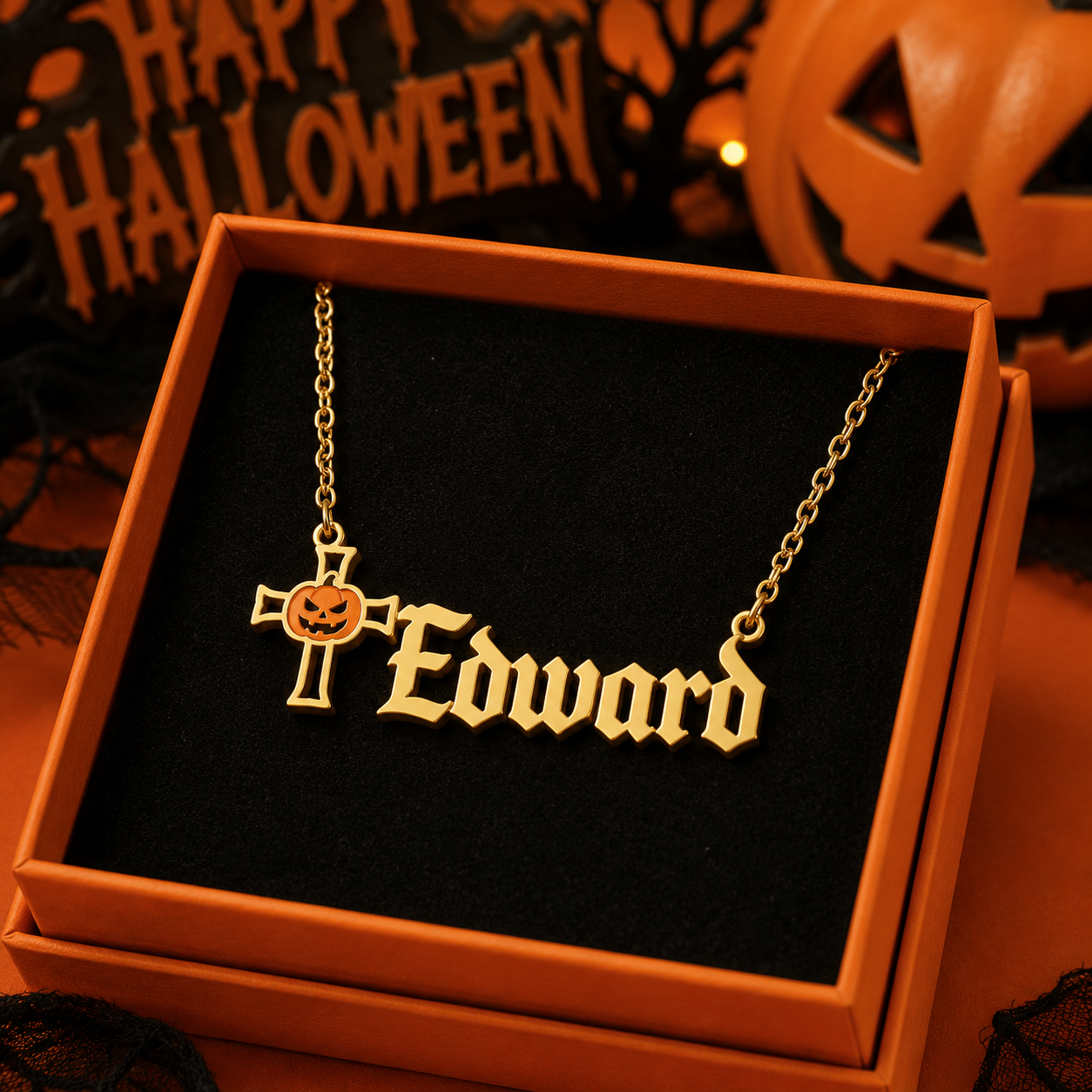 Halloween Cross Pumpkin Old English Name Necklace
