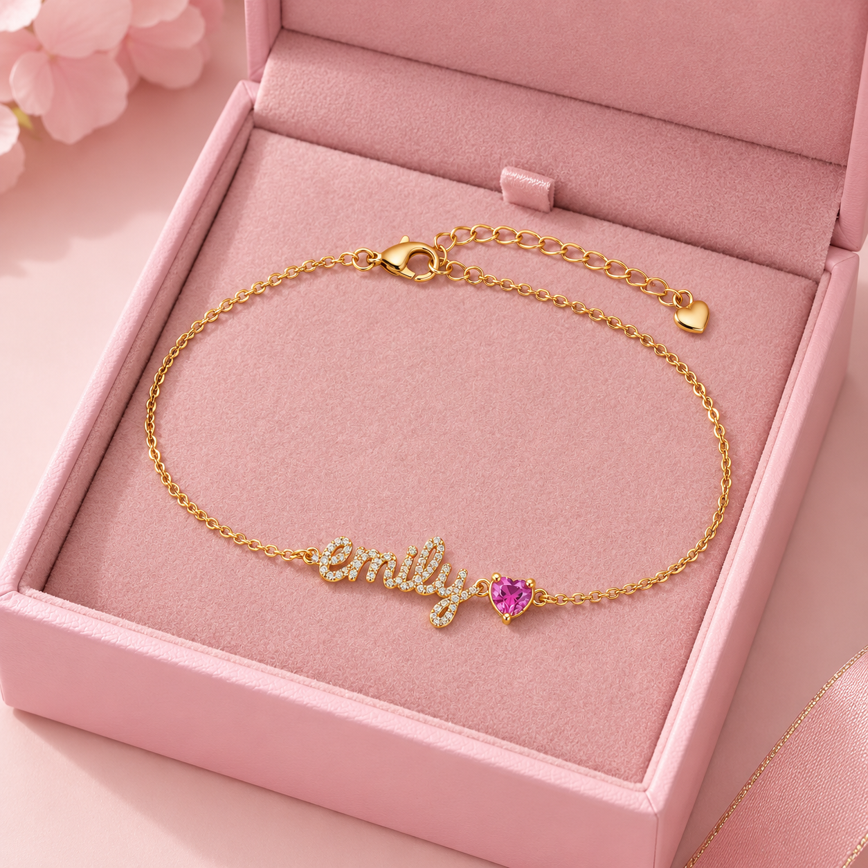 Personalized Zirconia Name with Heart Birthstone Custom Anklet