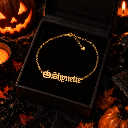 Halloween Pumpkin Old English Nameplate Personalized Anklet