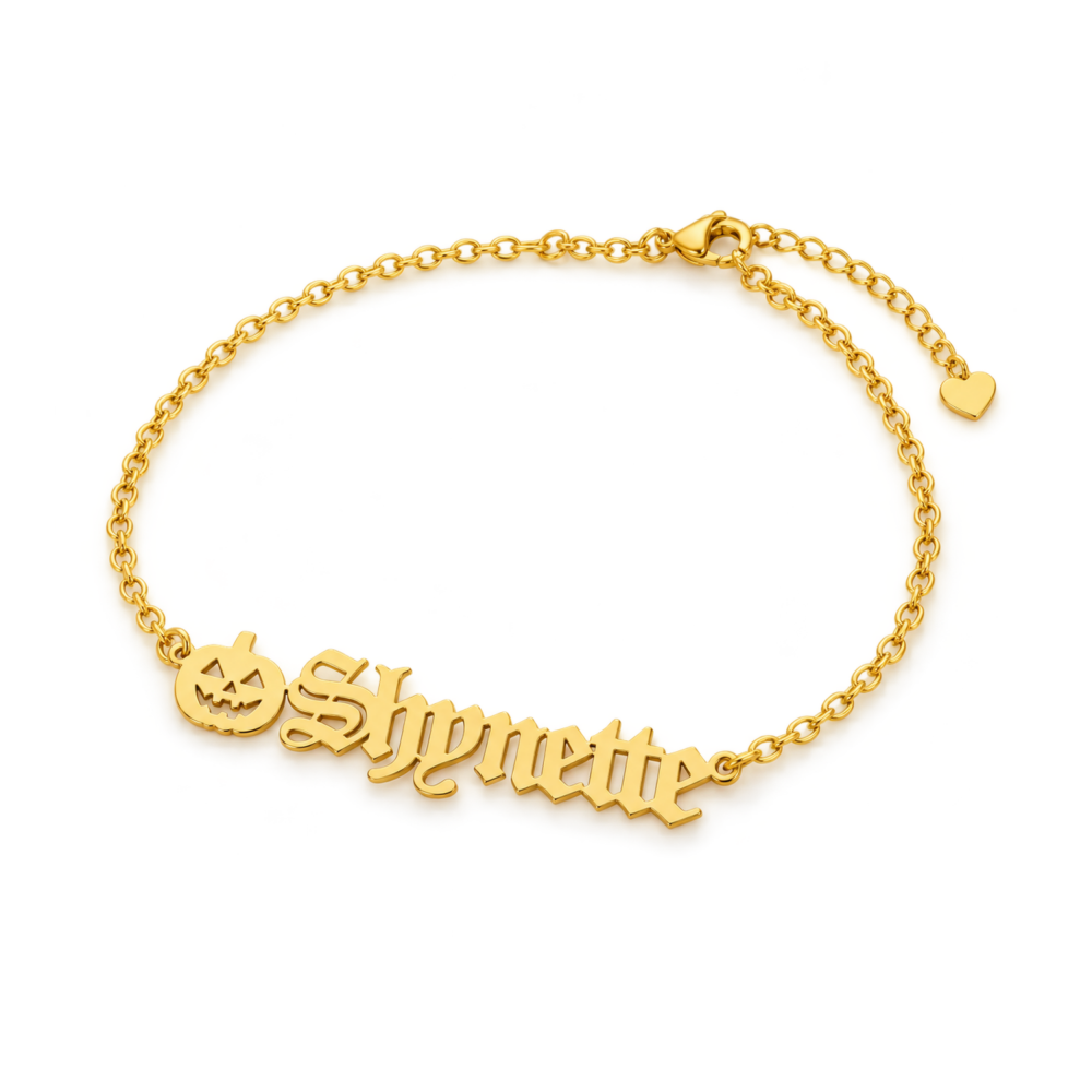 Halloween Pumpkin Old English Nameplate Personalized Anklet