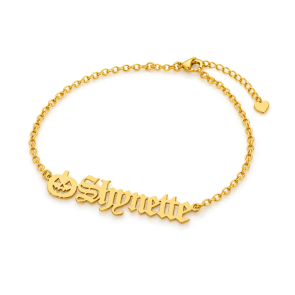 Halloween Pumpkin Old English Nameplate Personalized Anklet