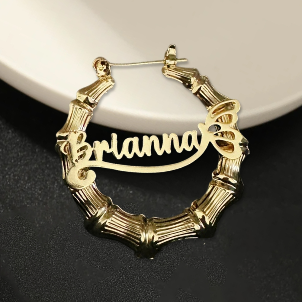 Bamboo Hoop Name Earrings Custom Earrings Women Gift