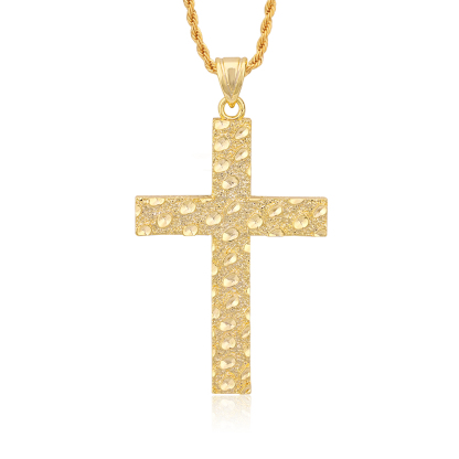 Gold Plated Nugget Cross Pendant Rope Chain Necklace