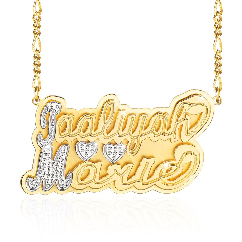 Double Layer Two Tone with Two Hearts Personalized Custom Gold Plated Name Necklace