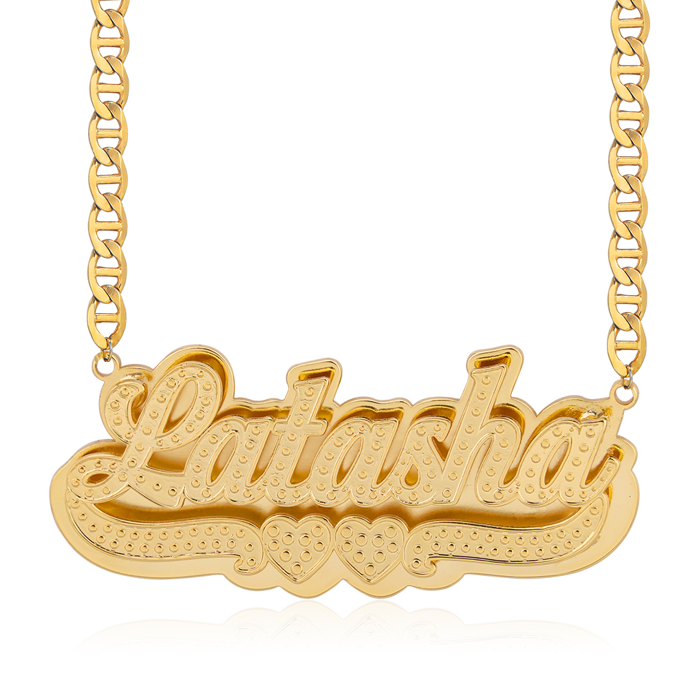 Double Layer Two Hearts Nameplated Pendant Personalized 3D Name Necklace