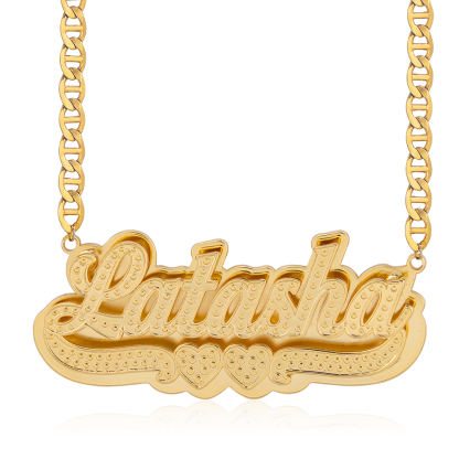 Double Layer Two Hearts Nameplated Pendant Personalized 3D Name Necklace