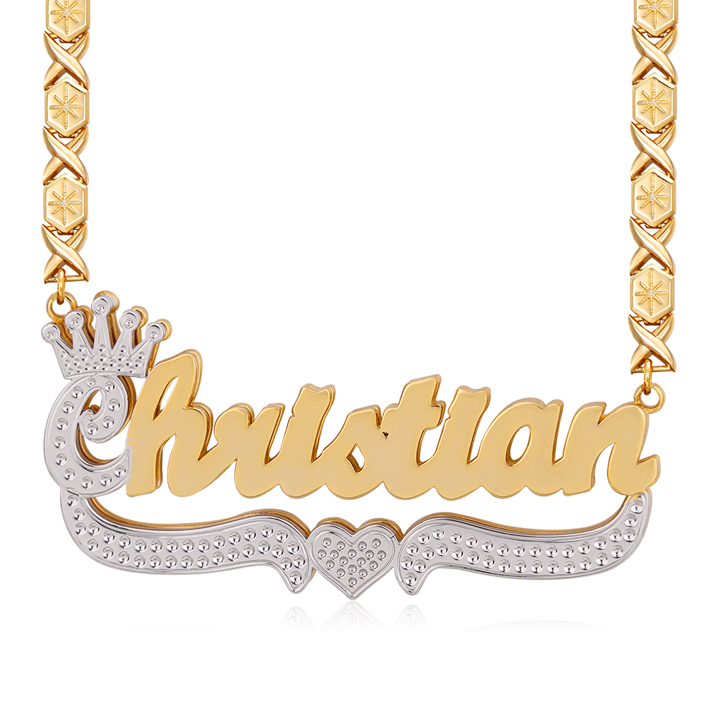 Two Tone Crown Nameplate with Heart XOXO Chain Personalized Name Necklace 