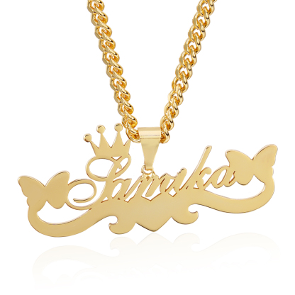 Butterfly Crown Two Hearts Necklace Personalized Custom Name Necklace 