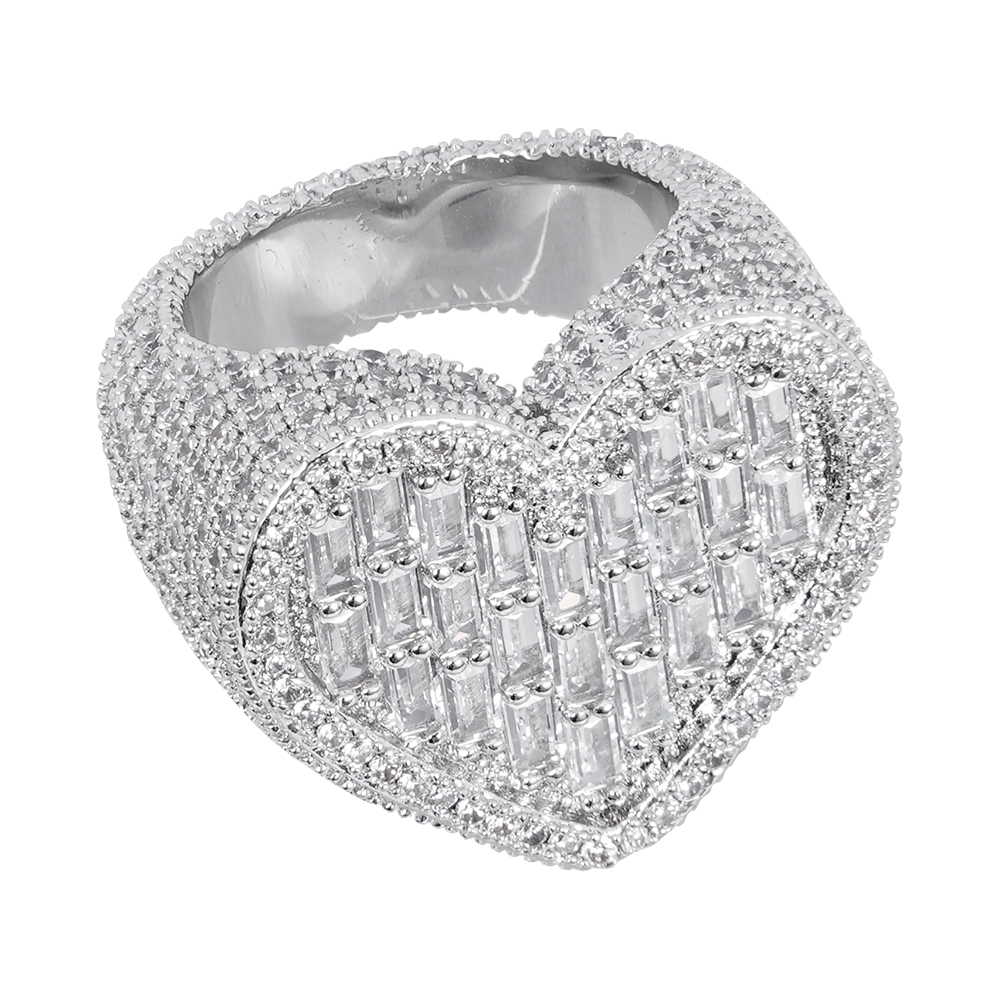 Love Heart Iced Out Diamond Baguette Heart Ring Gold Plated Cubic Zircon Ring Hip Hop Style