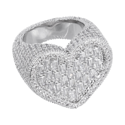 Love Heart Iced Out Diamond Baguette Heart Ring Gold Plated Cubic Zircon Ring Hip Hop Style
