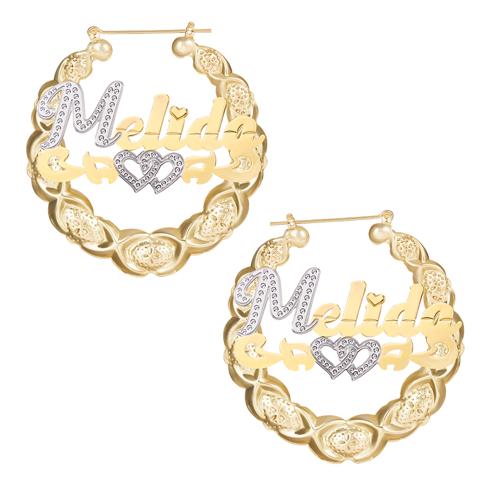 Personalized Custom Two Tone Two Heart Nameplate XOXO Bamboo Earrings Woman Gifts