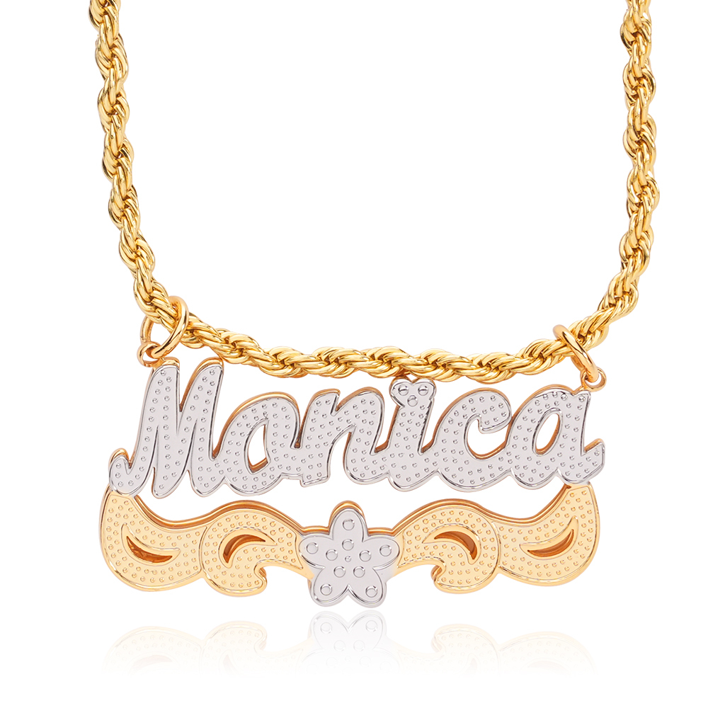 Double Plate Two Tone Flower Personalized Custom Name Necklace with Little Heart 