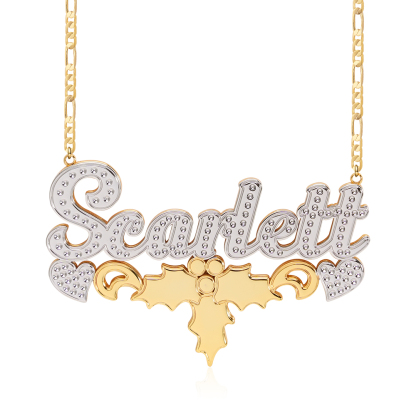 Double Plate Personalized Two Tone Name Necklace with Holly Christmas Gifts