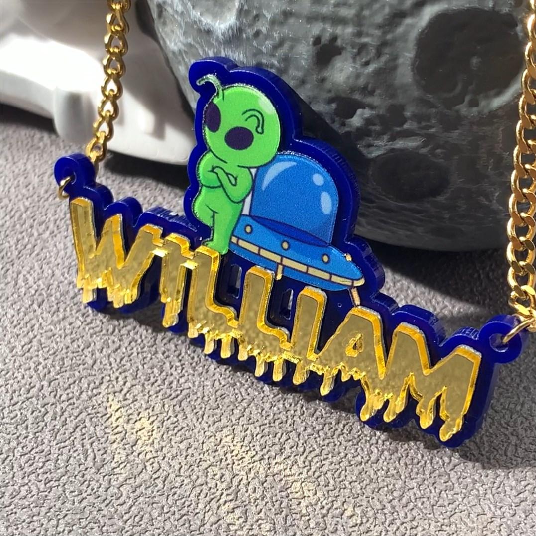 Acrylic with Alien Spaceship Personalized Name Necklace 