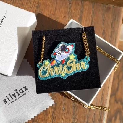Acrylic Astronaut Rocket Pendant Personalized Name Necklace
