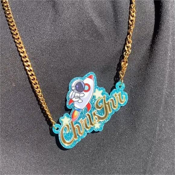 Acrylic Astronaut Rocket Pendant Personalized Name Necklace
