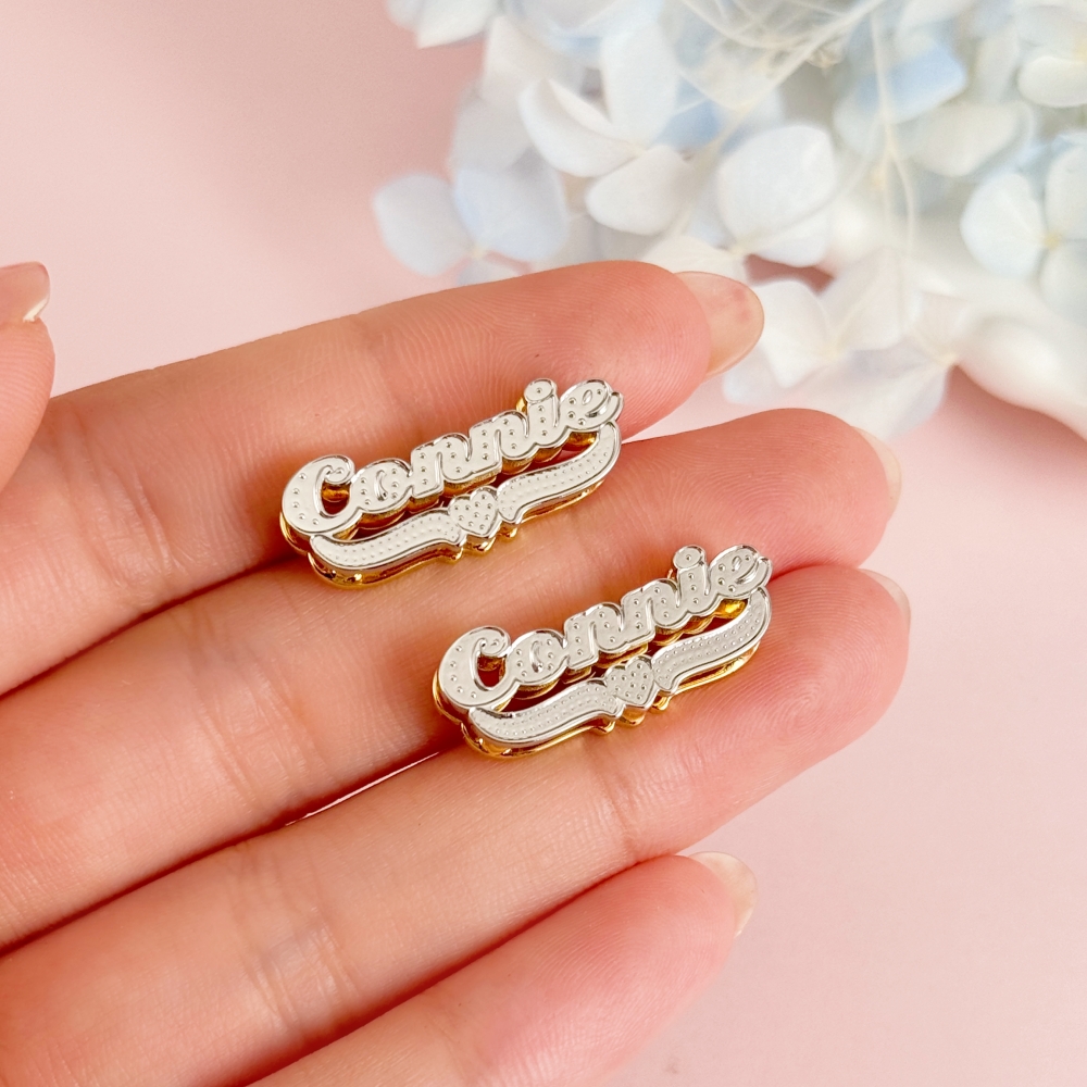 Double Layer Two Tone Personalized Custom Name Stud Earrings with Heart
