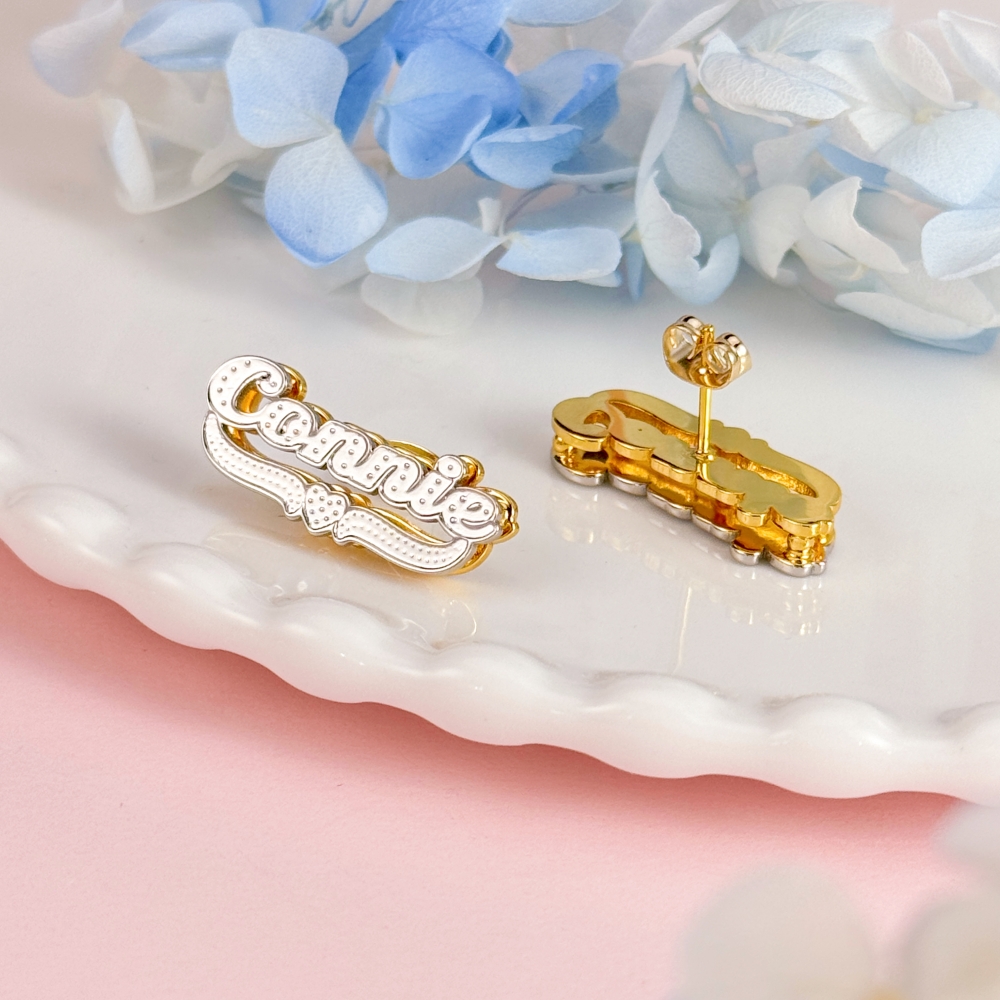 Double Layer Two Tone Personalized Custom Name Stud Earrings with Heart