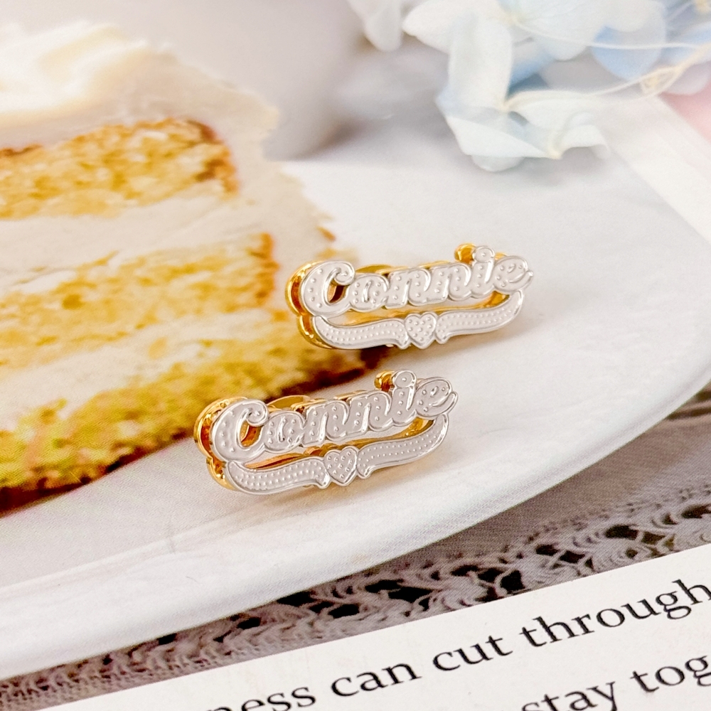Double Layer Two Tone Personalized Custom Name Stud Earrings with Heart