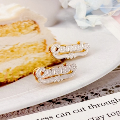 Double Layer Two Tone Personalized Custom Name Stud Earrings with Heart