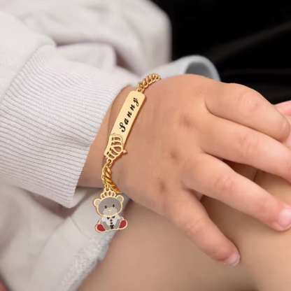 Cuban Chain Bear Pendant Engraved Bracelet