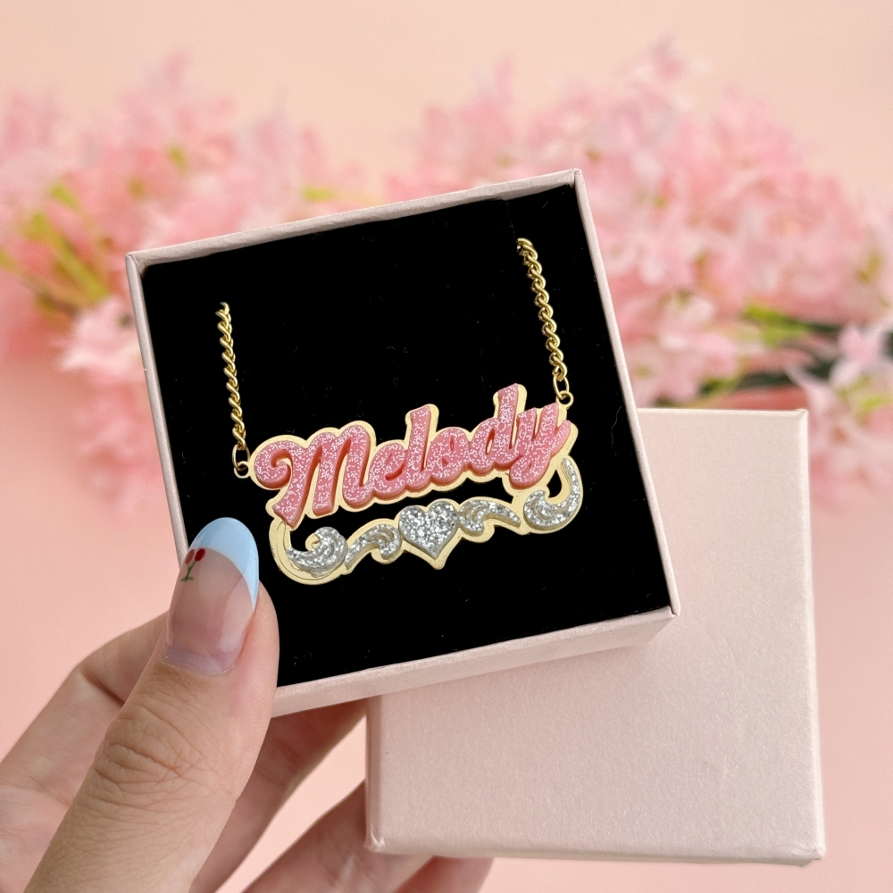 Double Plate Pink Acrylic Nameplate with Heart Personalized Custom Name Necklace