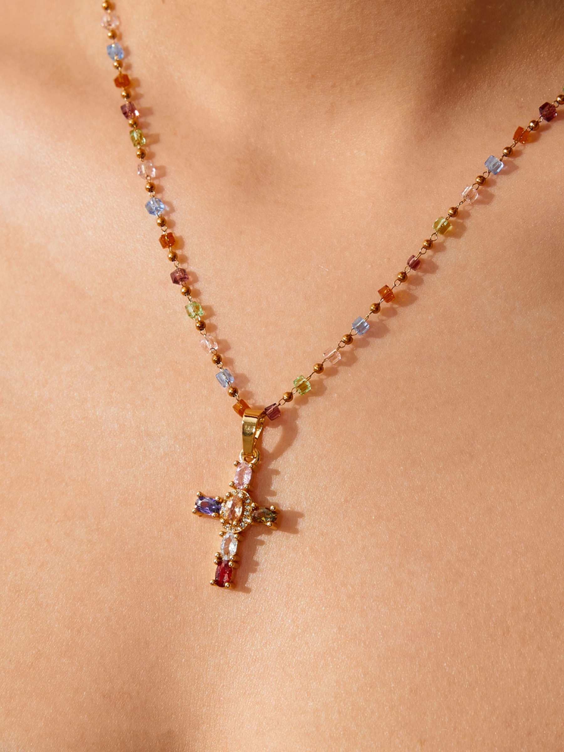 Colorful Stone Cross Pendant Necklace Christian Jewelry
