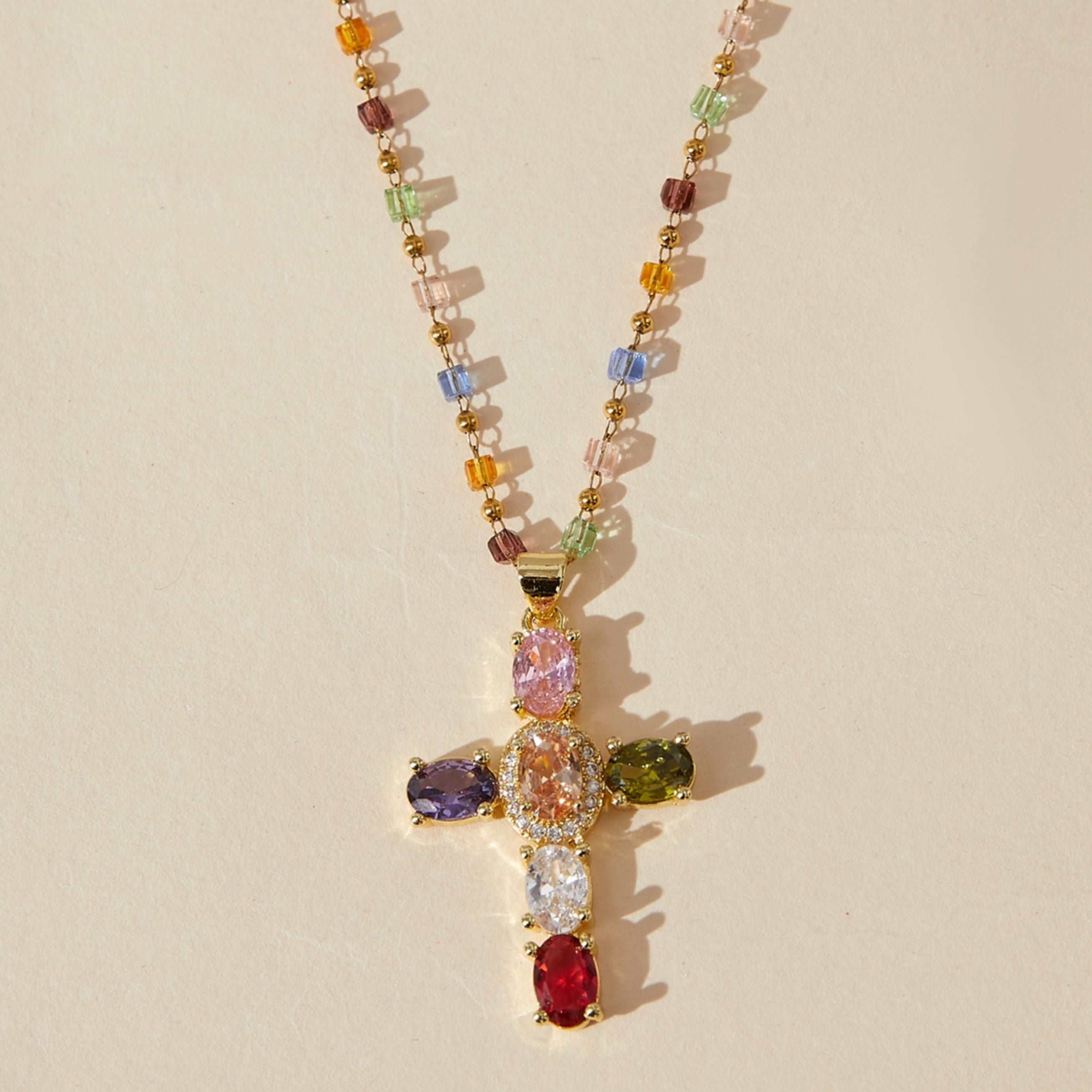 Colorful Stone Cross Pendant Necklace Christian Jewelry