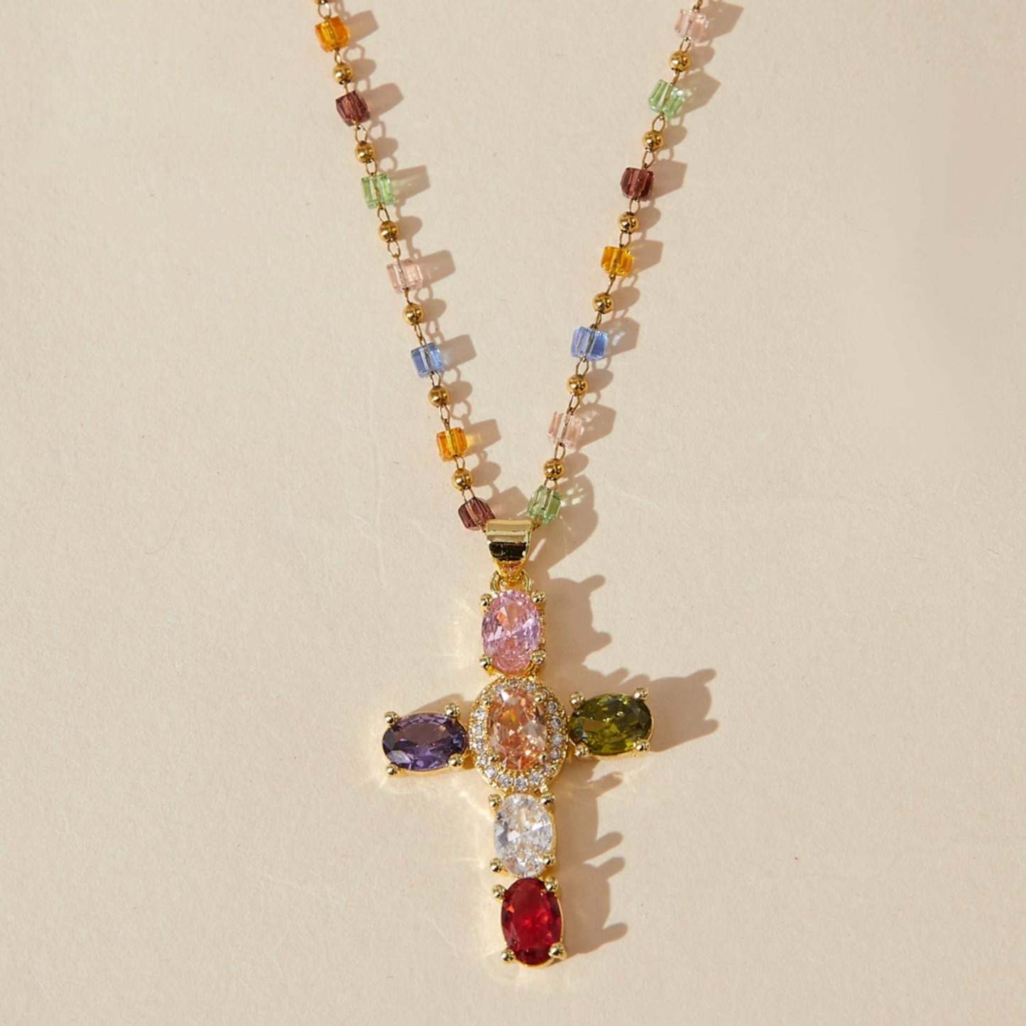 Colorful Stone Cross Pendant Necklace Christian Jewelry