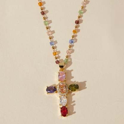 Colorful Stone Cross Pendant Necklace Christian Jewelry