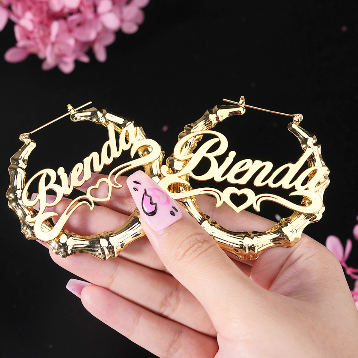 Personalized Double Plated Hollow Heart Name Necklace Bamboo Earrings Set