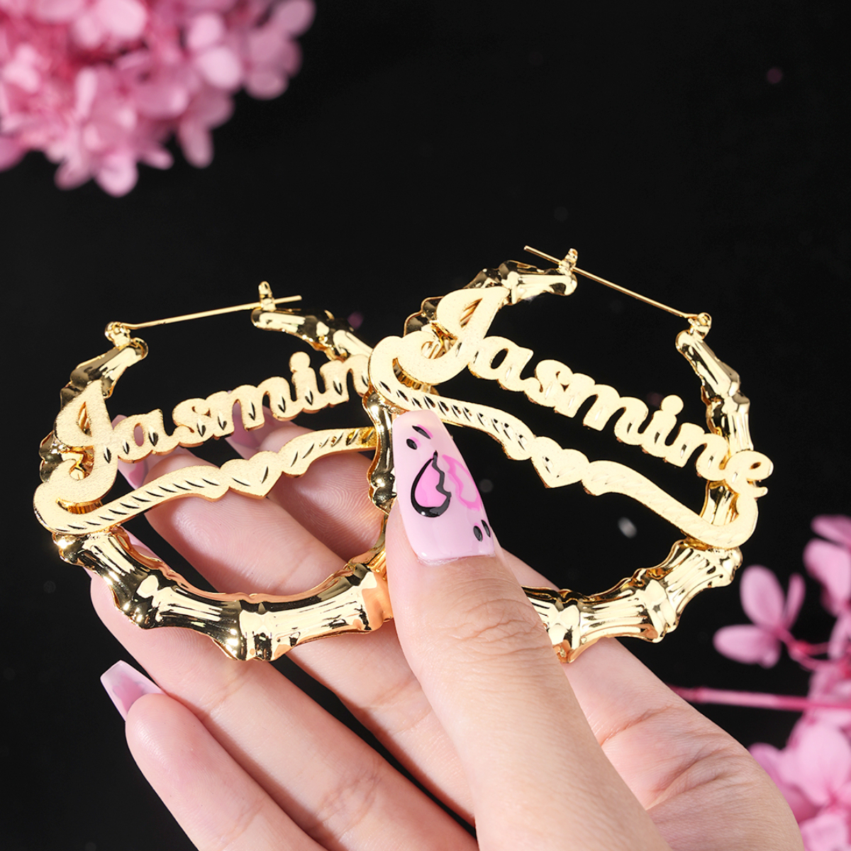 Personalized Diamond Cut Name Necklace with Heart And Nameplate Bamboo Earrings Set