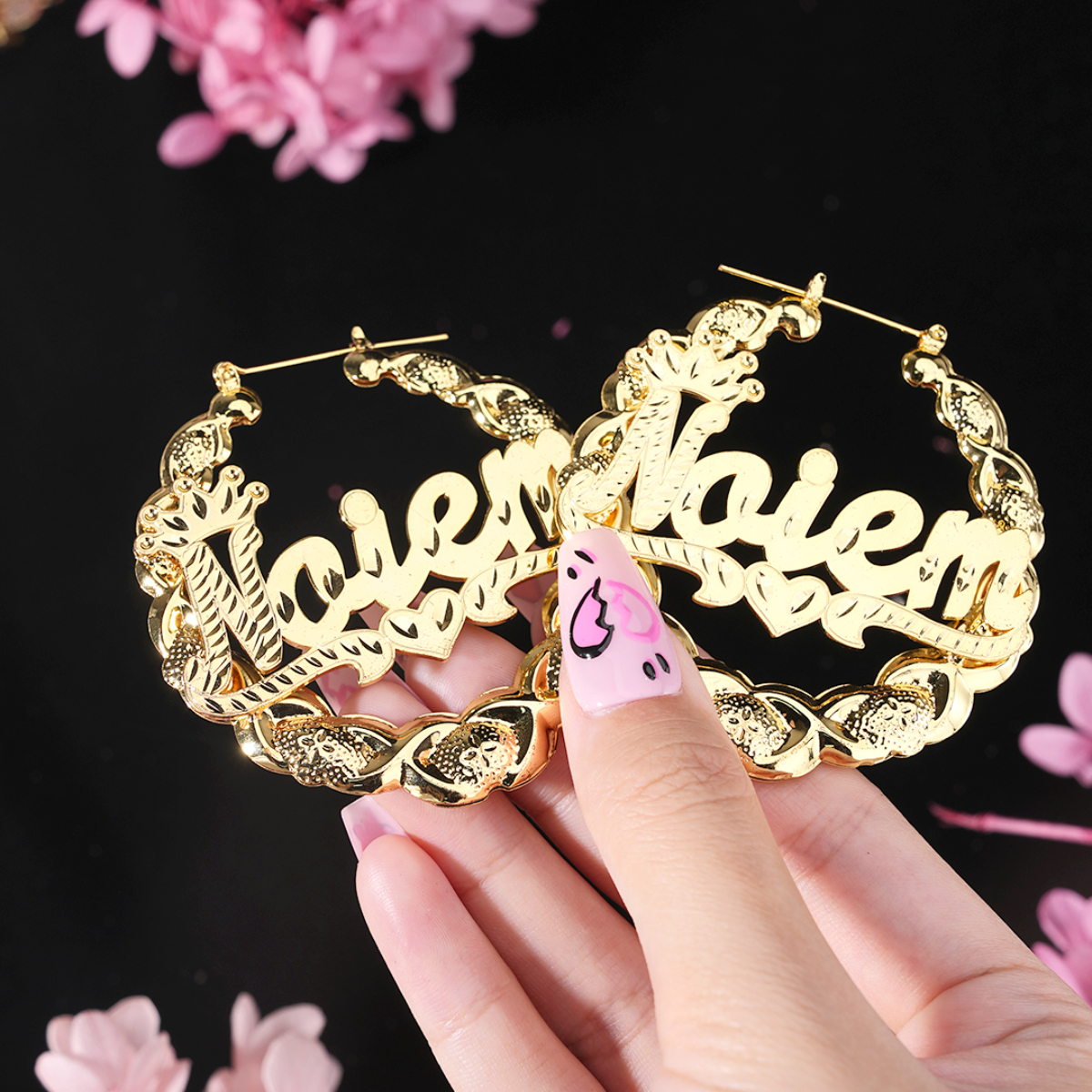 XOXO Bamboo Earrings with Crown Heart Personalized Custom Gold Plated Name Earrings