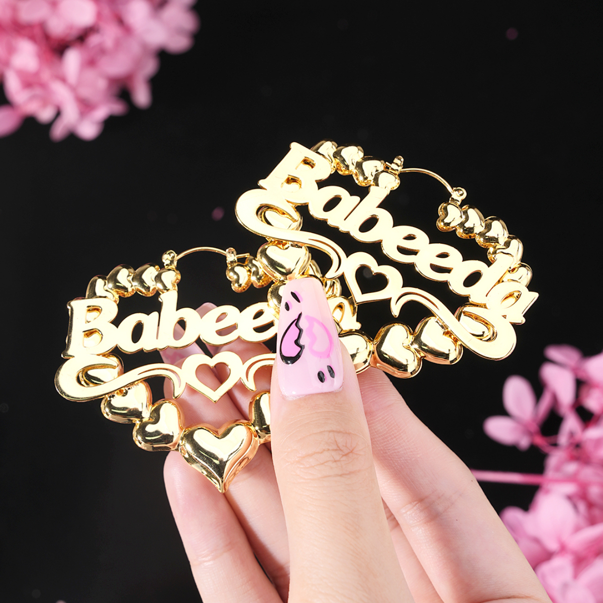 Personalized Custom Heart Shaped Underline Hollow Heart Bamboo Name Earrings