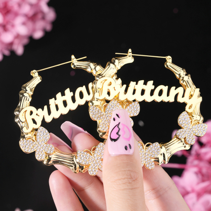 Butterfly Personalized Custom Gold Plated Name Bamboo Earrings