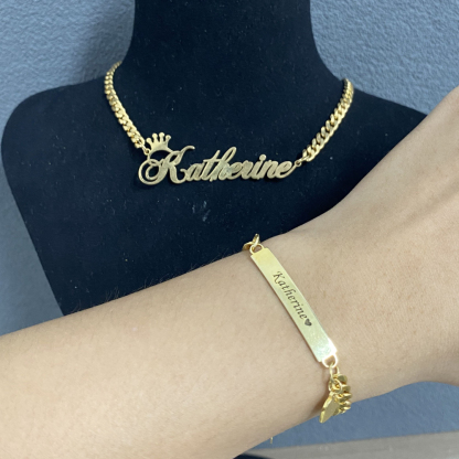 Personalized Crown and Heart Name Necklace and Bar Bracelets for Babies Kids Set