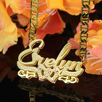 Double Layer Two Heart with Pink Zircon Personalized Custom 3D Name Necklace