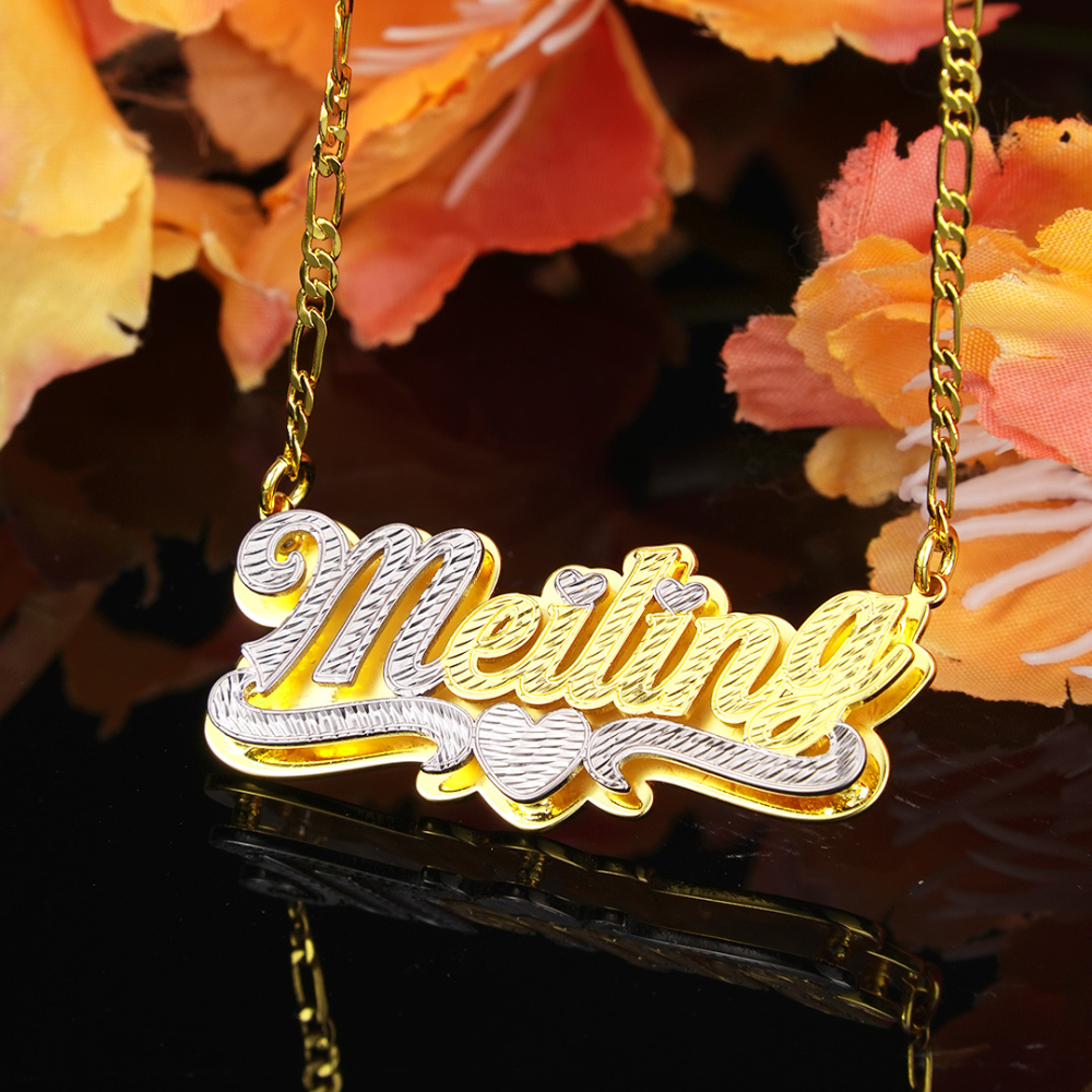 Two Tone Double Layer Gold Plated Personalized Custom Heart Nameplate Necklace