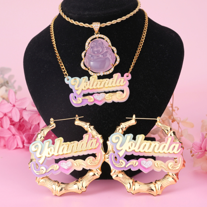 Pink Buddha Necklace Colorful Acrylic Heart Name Necklace and Bamboo Earrings Set 3pcs